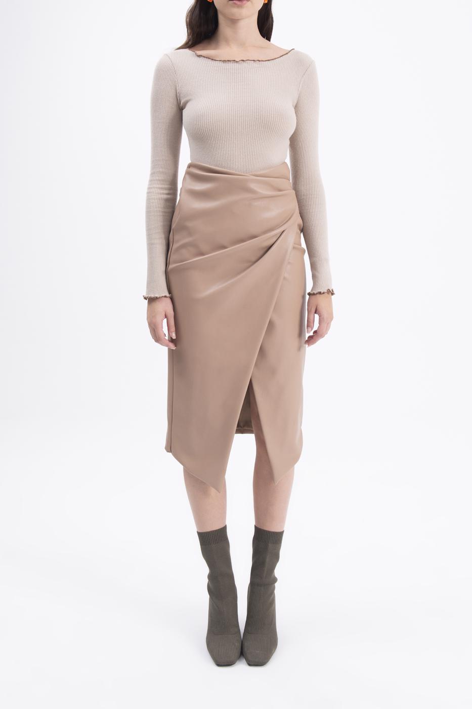 BSL Women Drapped faux leather midi skirt - Greenburgh