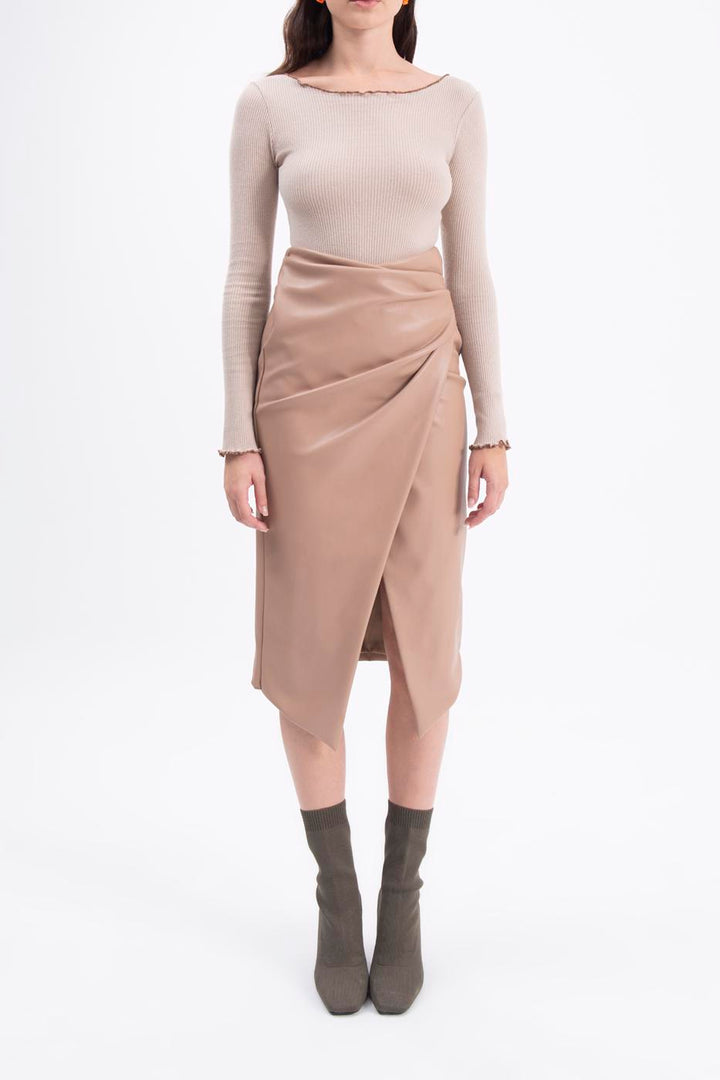 BSL Women Drapped faux leather midi skirt - Greenburgh