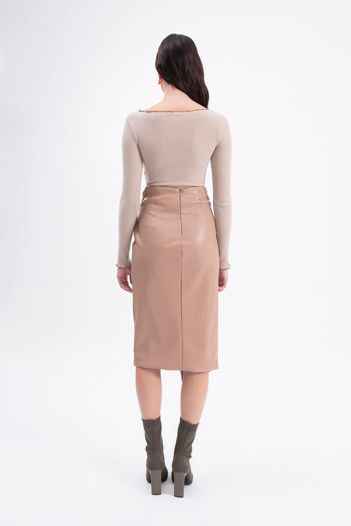 BSL Women Drapped faux leather midi skirt - Greenburgh