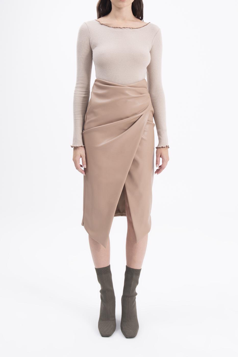 BSL Women Drapped faux leather midi skirt - Greenburgh