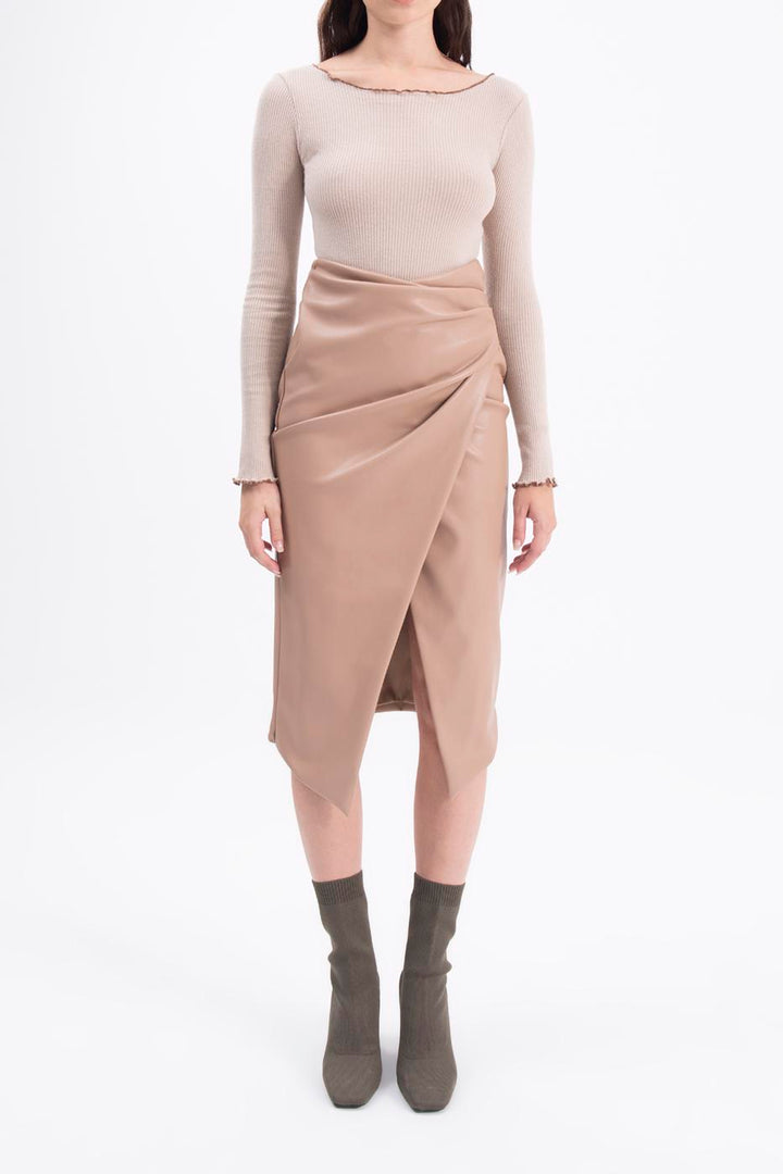 BSL Women Drapped faux leather midi skirt - Greenburgh