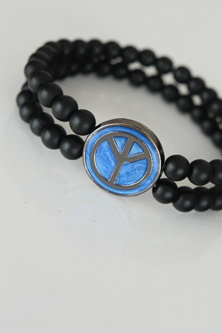 EBJ Peace Symbol Blue Color Smoke Metal Accented Double Row Onyx Natural Stone Men's Bracelet - Ames