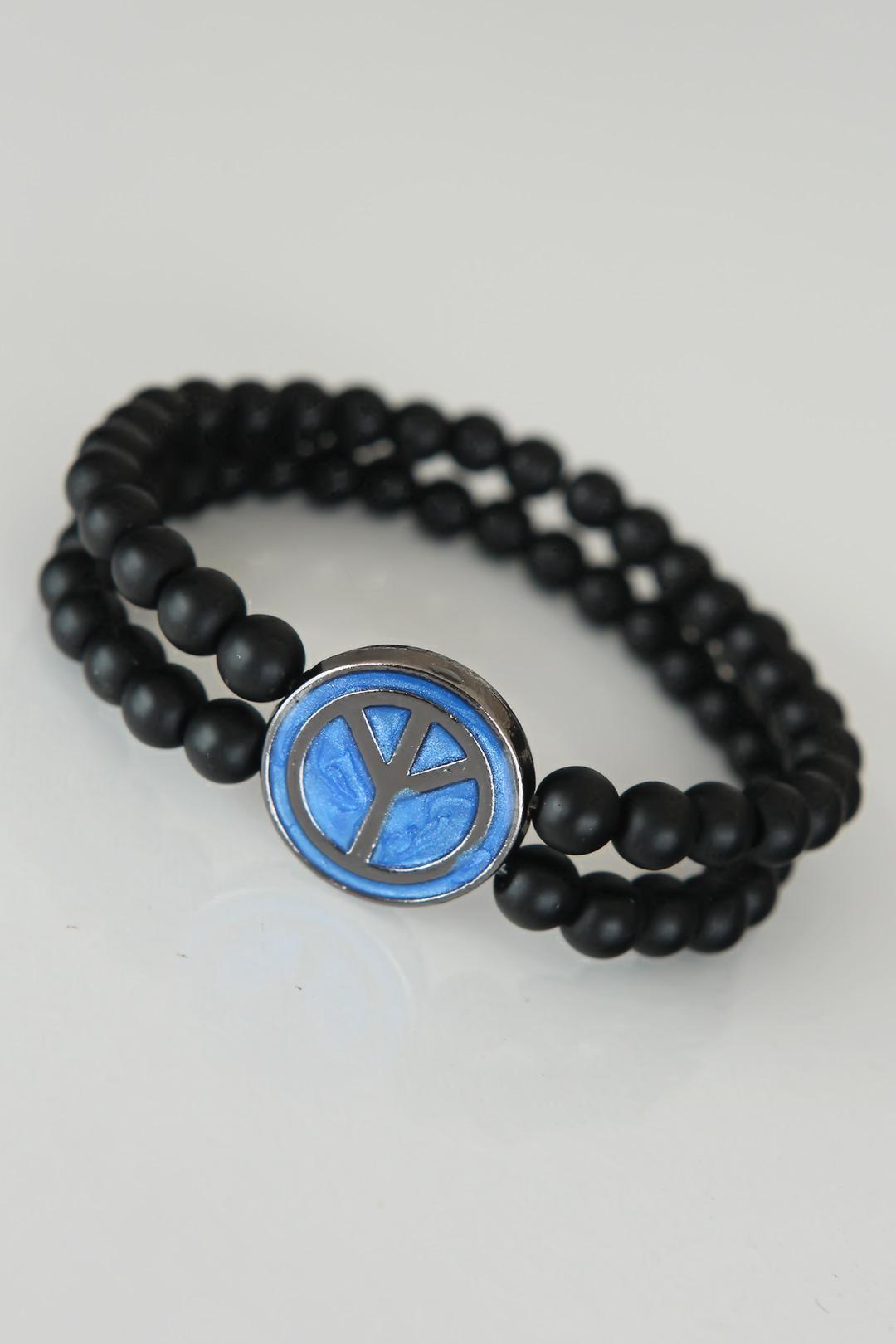 EBJ Peace Symbol Blue Color Smoke Metal Accented Double Row Onyx Natural Stone Men's Bracelet - Ames