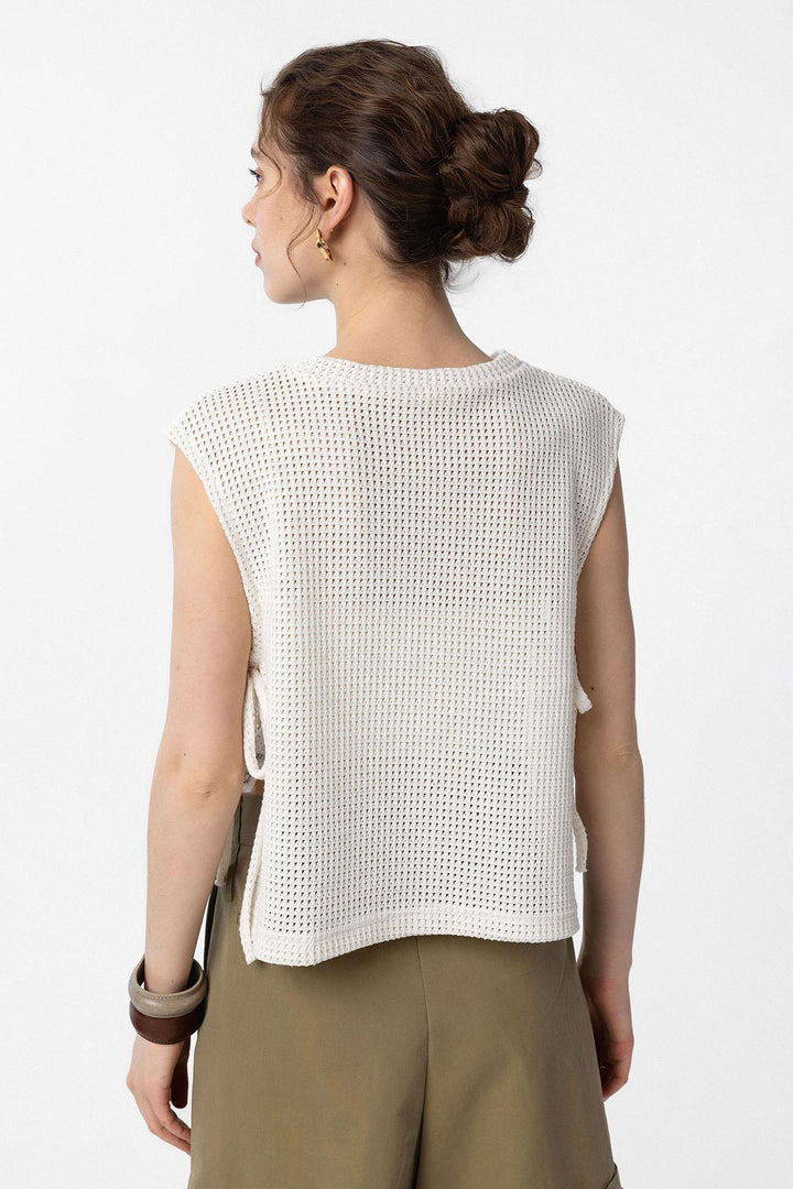 ANT Antioch Ecru Lace-Up Knit Textured Women's Top - Palaiseau