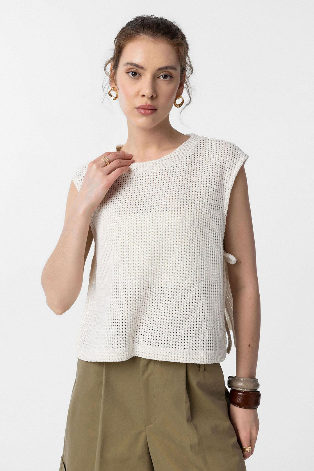 ANT Antioch Ecru Lace-Up Knit Textured Women's Top - Palaiseau