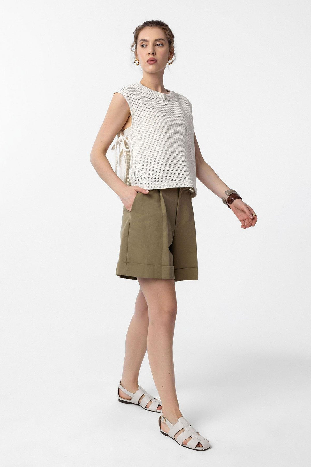 ANT Antioch Ecru Lace-Up Knit Textured Women's Top - Palaiseau