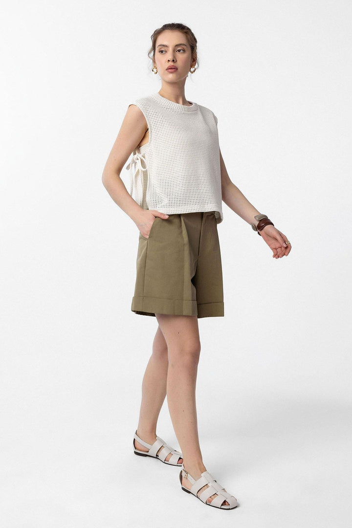ANT Antioch Ecru Lace-Up Knit Textured Women's Top - Palaiseau