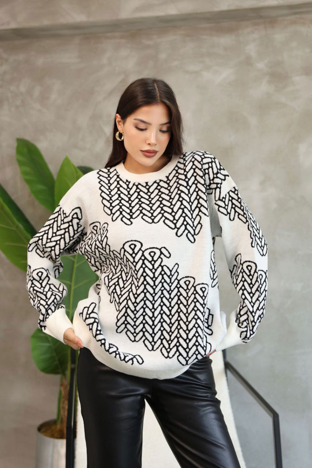 Ecru Bicycle Collar Patterned Sweater BCES-252046 - Norderstedt
