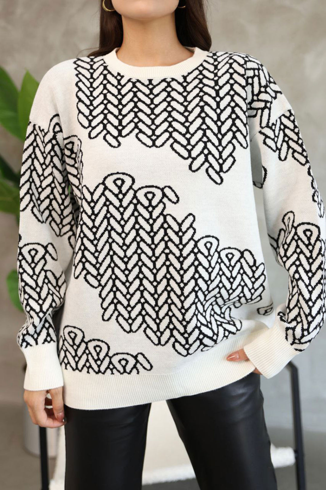 Ecru Bicycle Collar Patterned Sweater BCES-252046 - Norderstedt