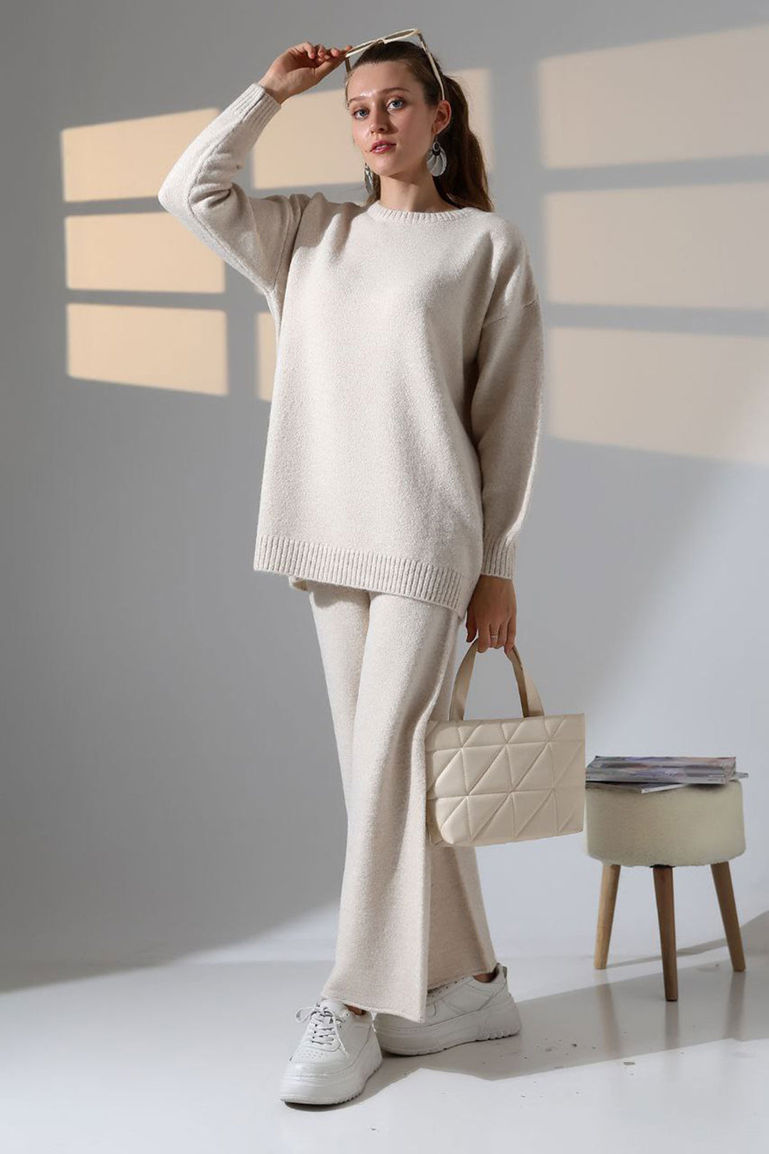 Ecru Bicycle Collar Sweater and Wide Leg Pants Top Bottom Knit Set BCES-252005 - Orlando