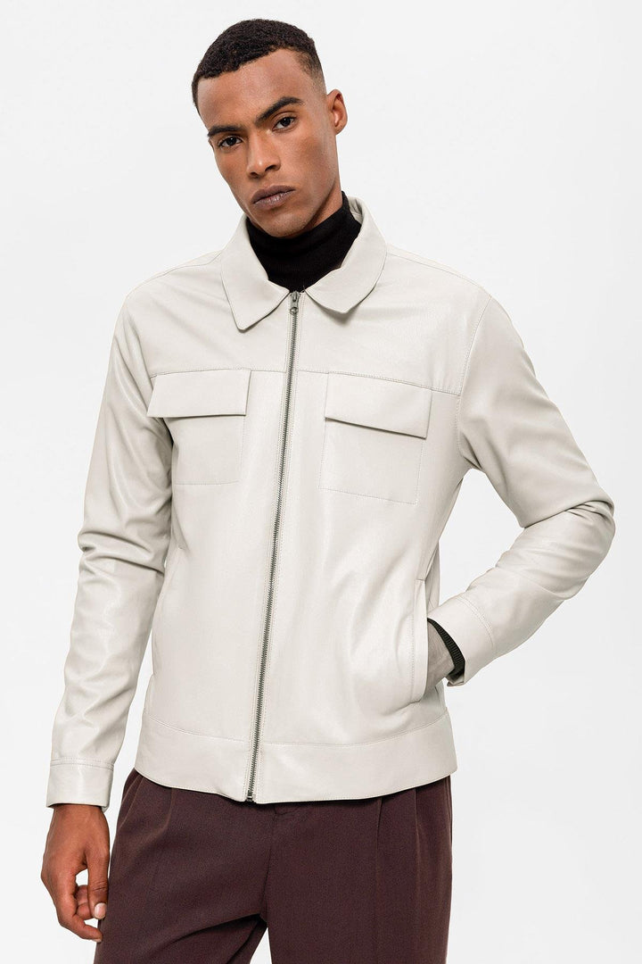 ANT Antioch Ecru Pocket Detailed Men's Leather Jacket - Città di Castello