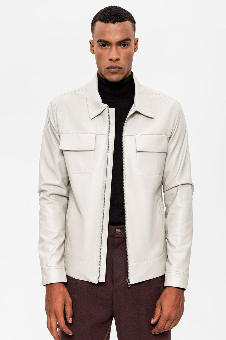 ANT Antioch Ecru Pocket Detailed Men's Leather Jacket - Città di Castello