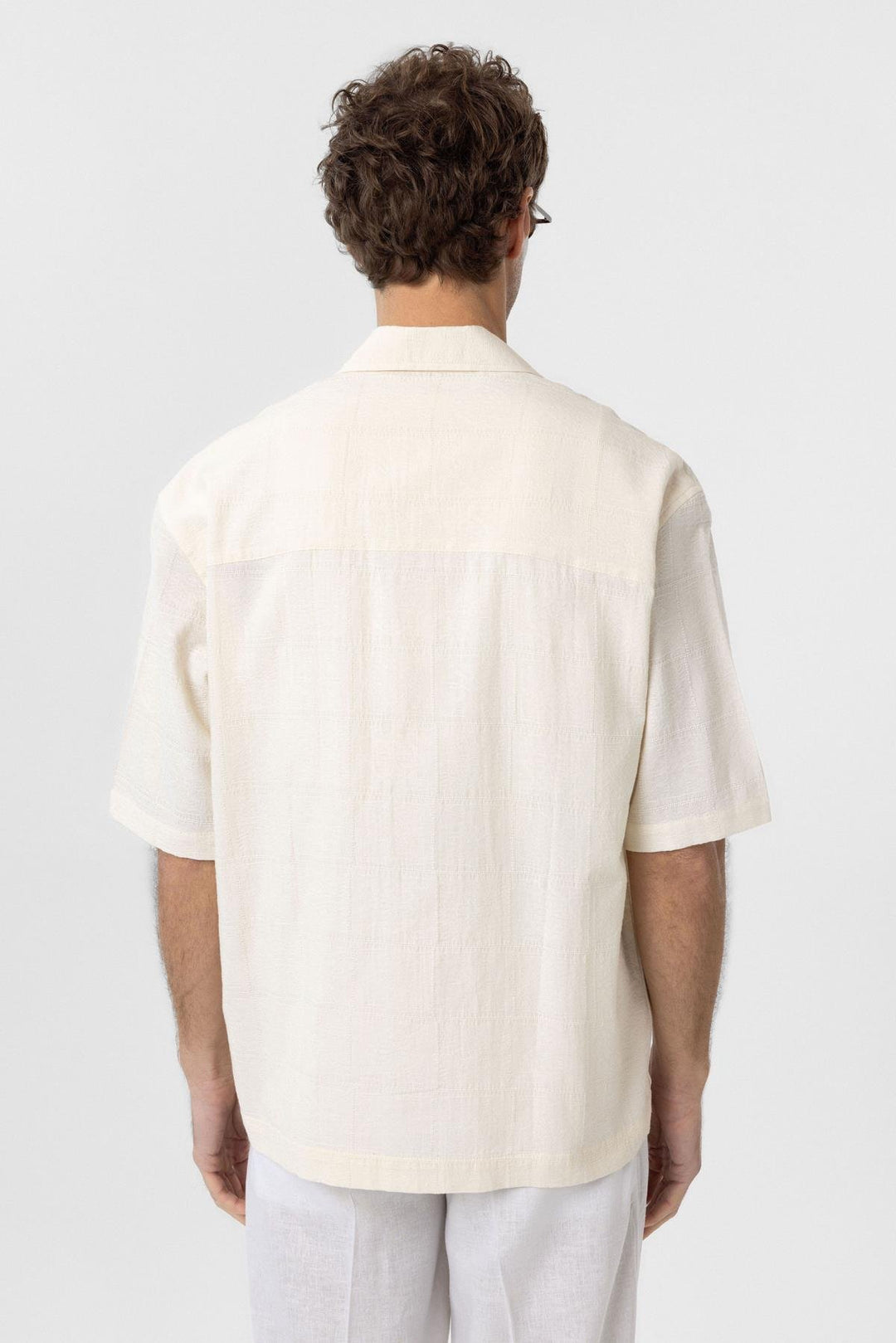 ANT Antioch Ecru Textured Jacquard Cotton Men's Short Sleeve Shirt - Floreşti