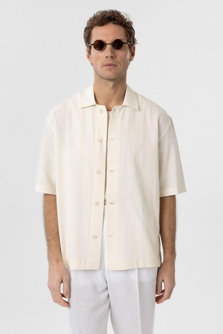 ANT Antioch Ecru Textured Jacquard Cotton Men's Short Sleeve Shirt - Floreşti