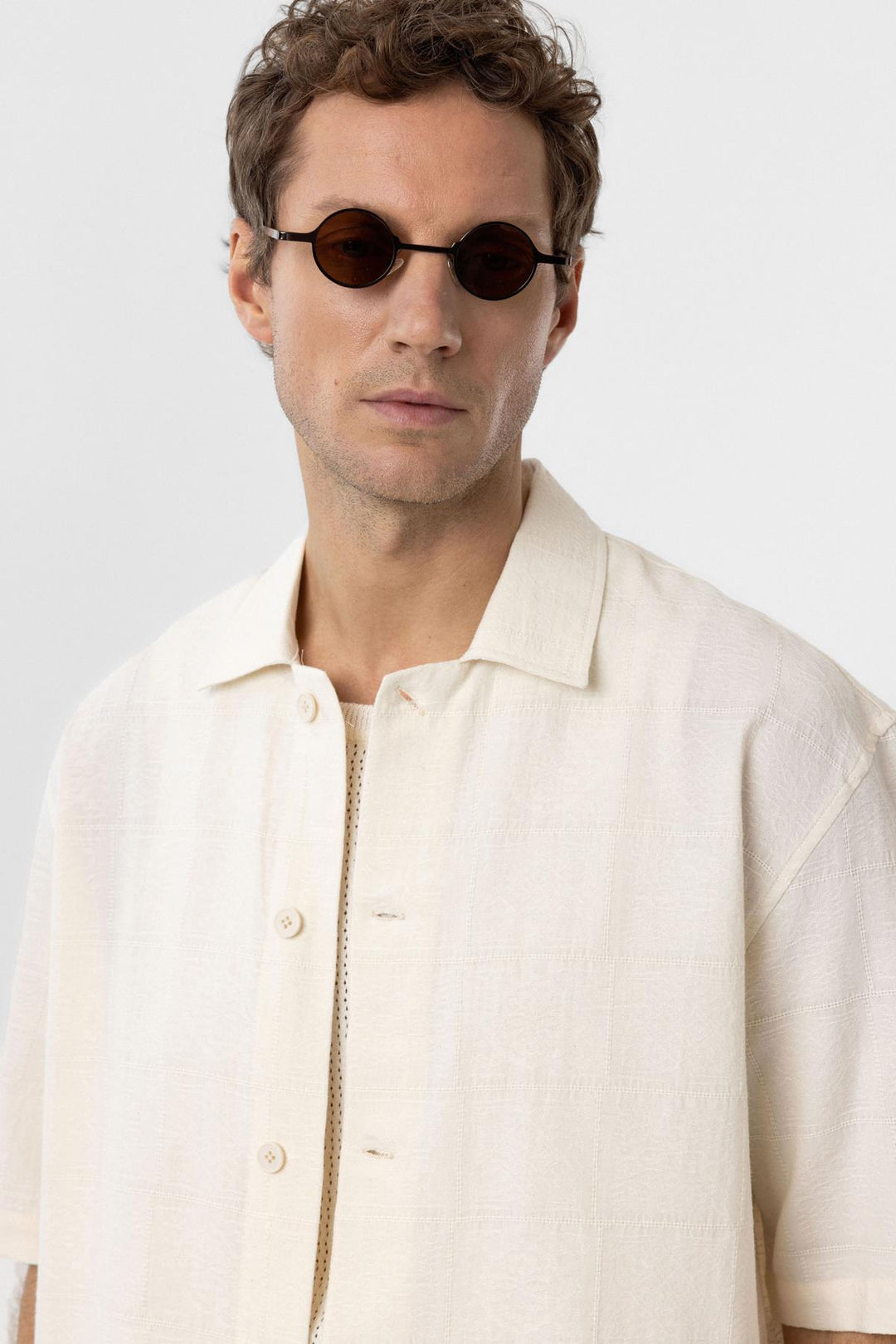 ANT Antioch Ecru Textured Jacquard Cotton Men's Short Sleeve Shirt - Floreşti