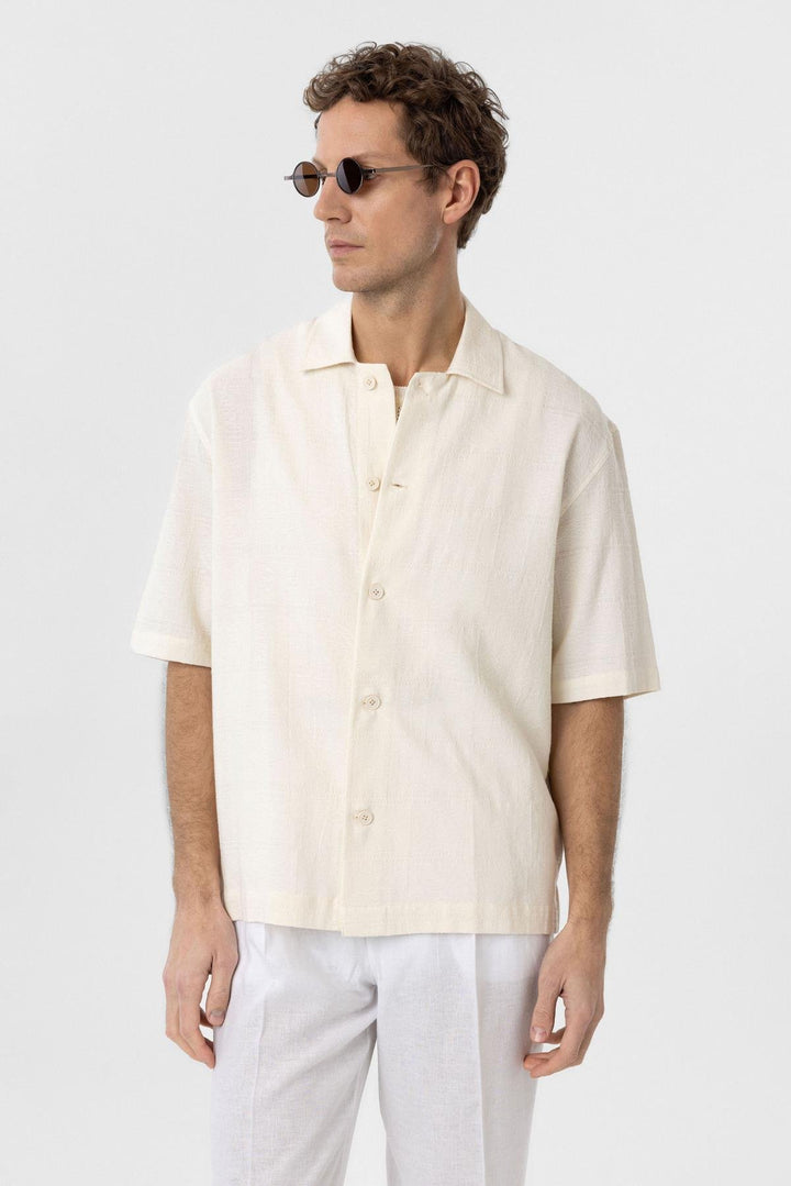 ANT Antioch Ecru Textured Jacquard Cotton Men's Short Sleeve Shirt - Floreşti