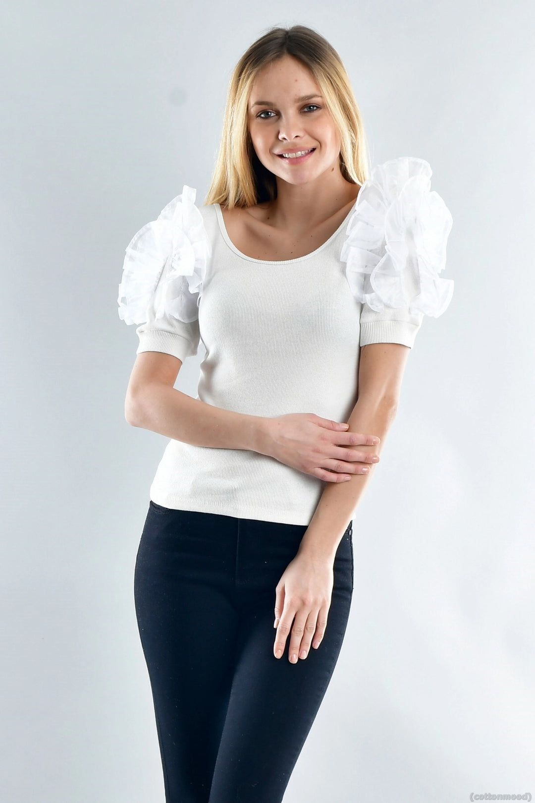 Ecru Eyelash Princess Sleeve Tulle Detailed Blouse CO-2520021929 - Dundalk