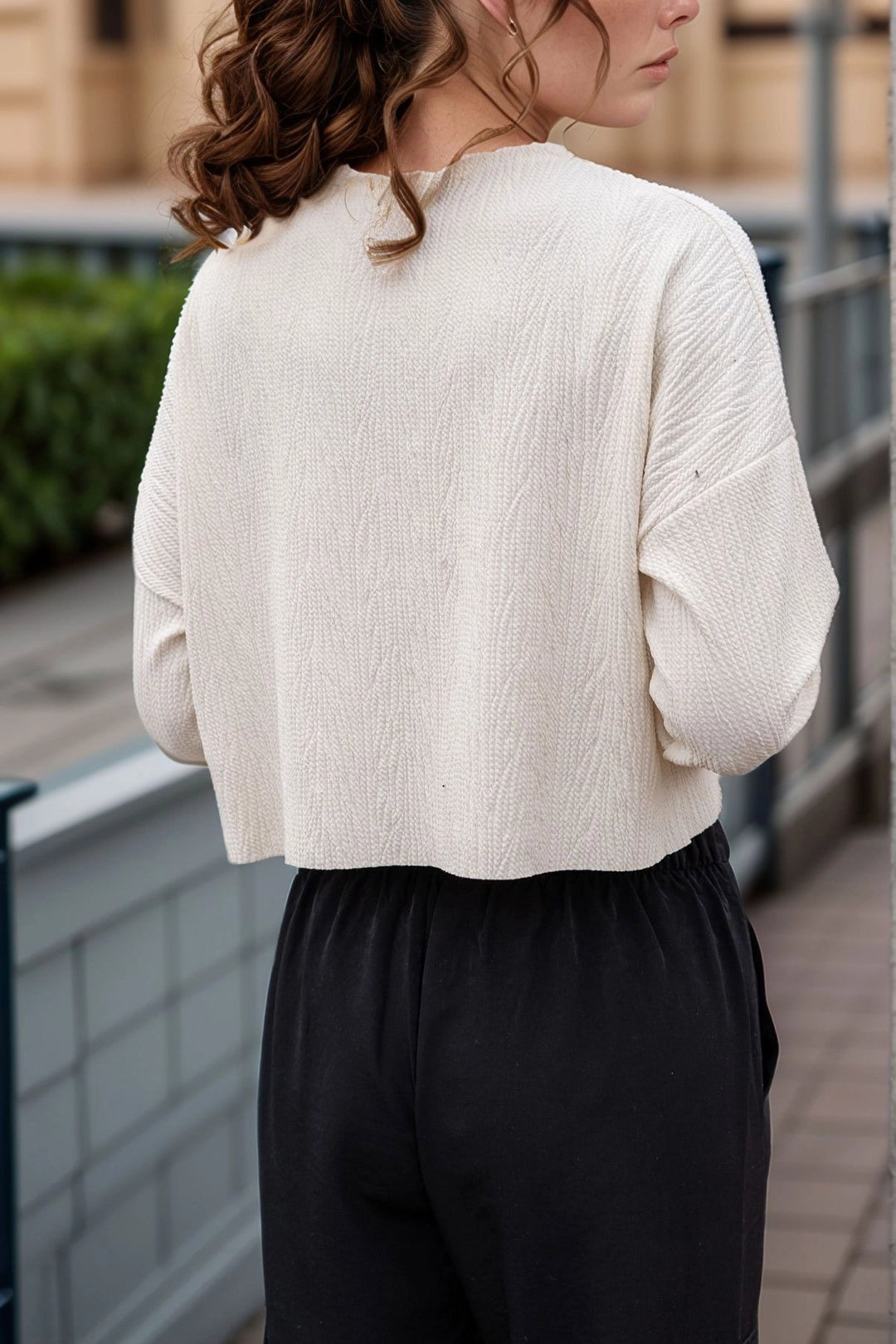 Ecru Self-Textured Pocketed Crop Slouchy Sweatshirt BCBSK-25700-3321 - Lewisville