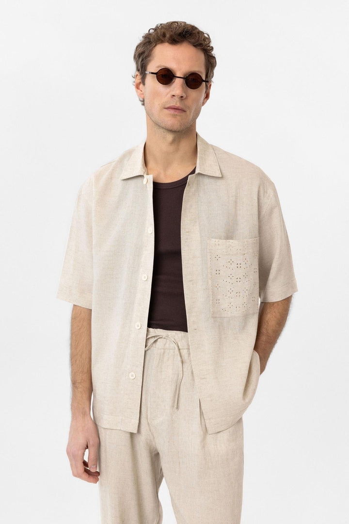ANT Antioch Ecru Linen Blend Short Sleeve Men's Shirt - Linares