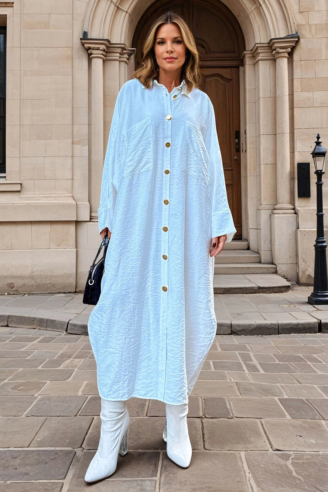 Ecru Linen Batwing Sleeve Loose Pocket Shirt Dress BCBSK-25700-3282 - Capelle aan den IJssel