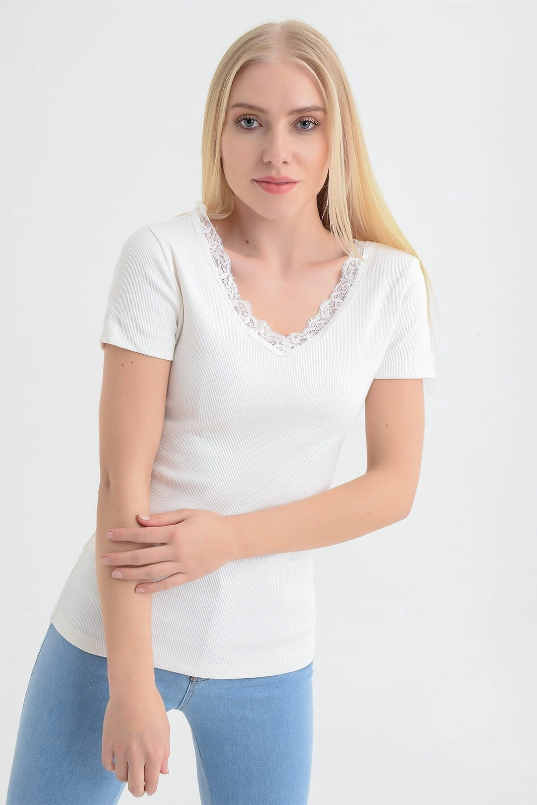 Ecru Front Back V Lace Short Sleeve Corset Blouse CO-2591515270 - Sydney