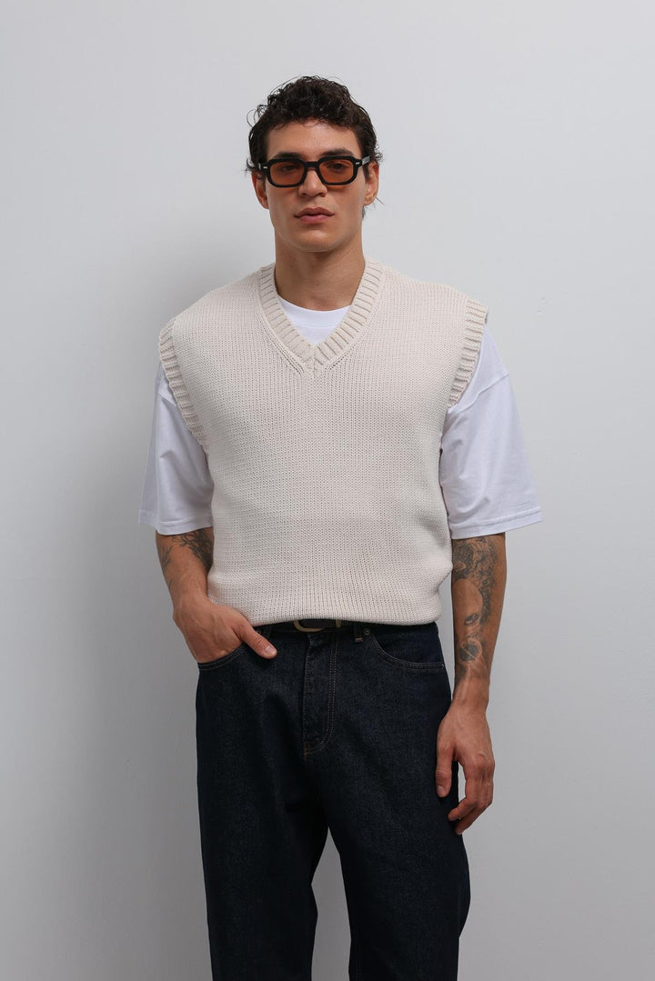 ANT Antioch Ecru Knitted Men's Sweater Vest - Silves