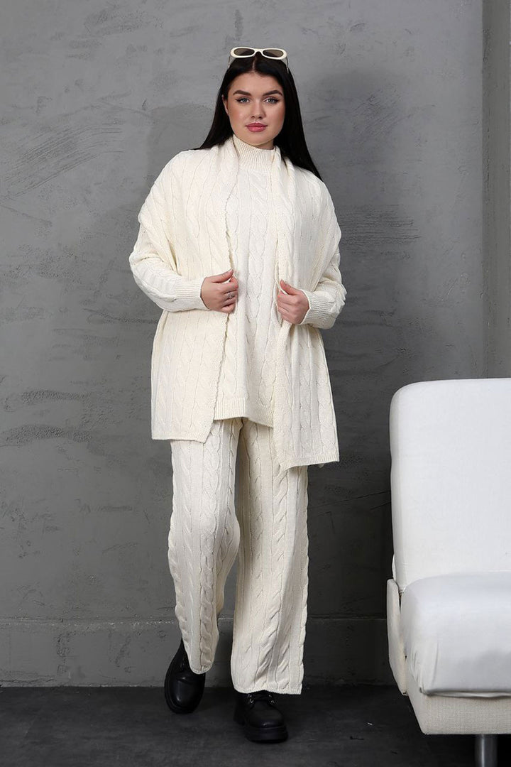 Ecru Knitted Sweater Cardigan and Pants 3 Piece Knit Set BCES-252031 - Meoqui