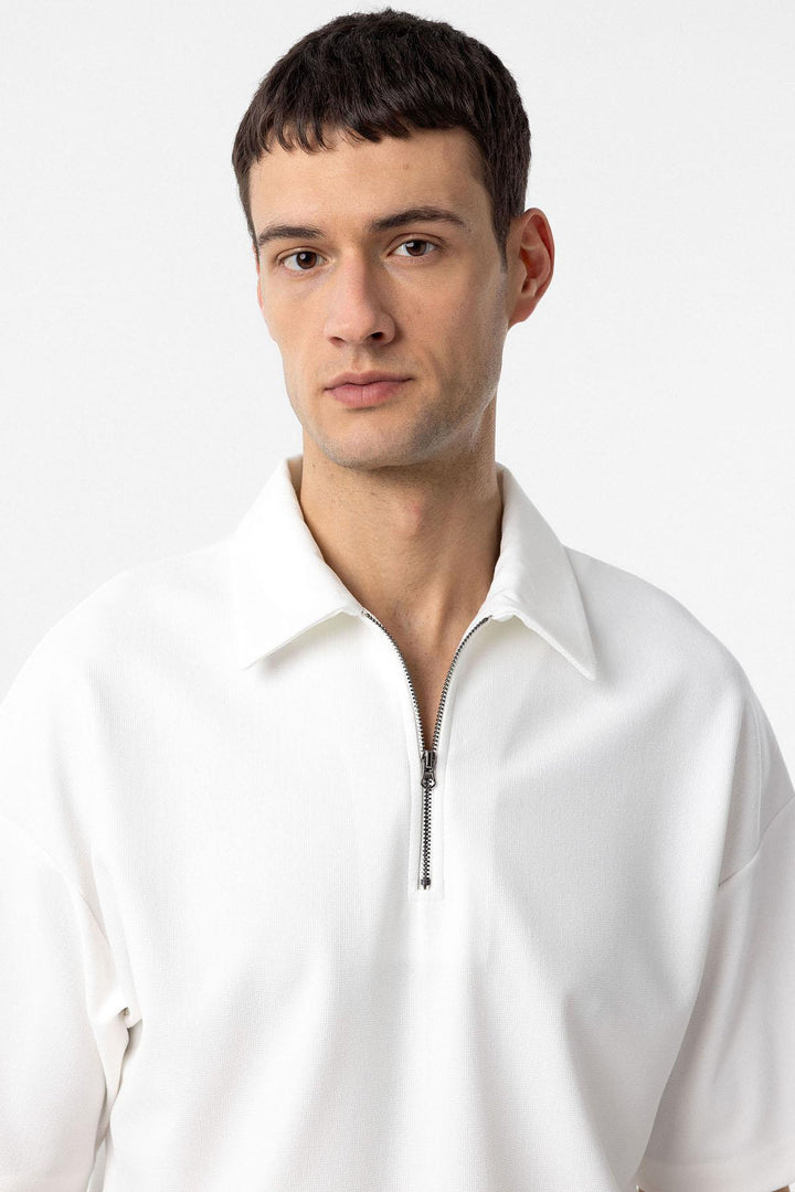 ANT Antioch Ecru Relax Fit Zippered Polo Neck Men's T-Shirt - Voghera