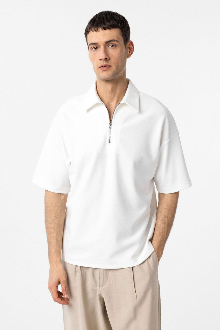 ANT Antioch Ecru Relax Fit Zippered Polo Neck Men's T-Shirt - Voghera