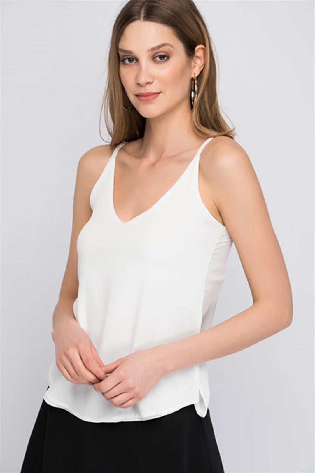 Ecru V-Neck Strap Sleeve Slit Woven Blouse CO-258121702 - Greenville
