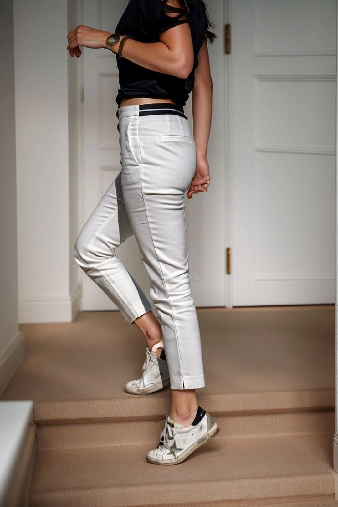 Ecru High Waisted Striped Pencil Pants BCBSK-25700-3186 - Tlalmanalco