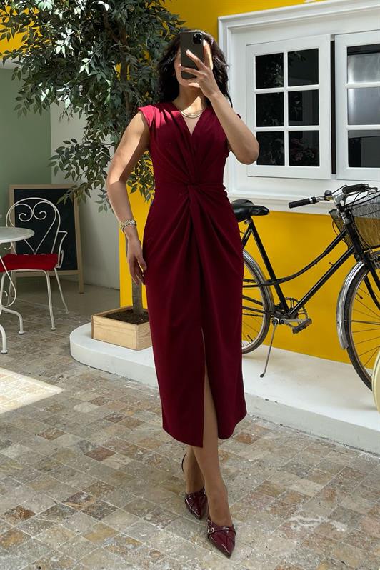 MDX Burgundy Slit Detail Double Breasted Collar Women's Dress Mg2417 - Stirling