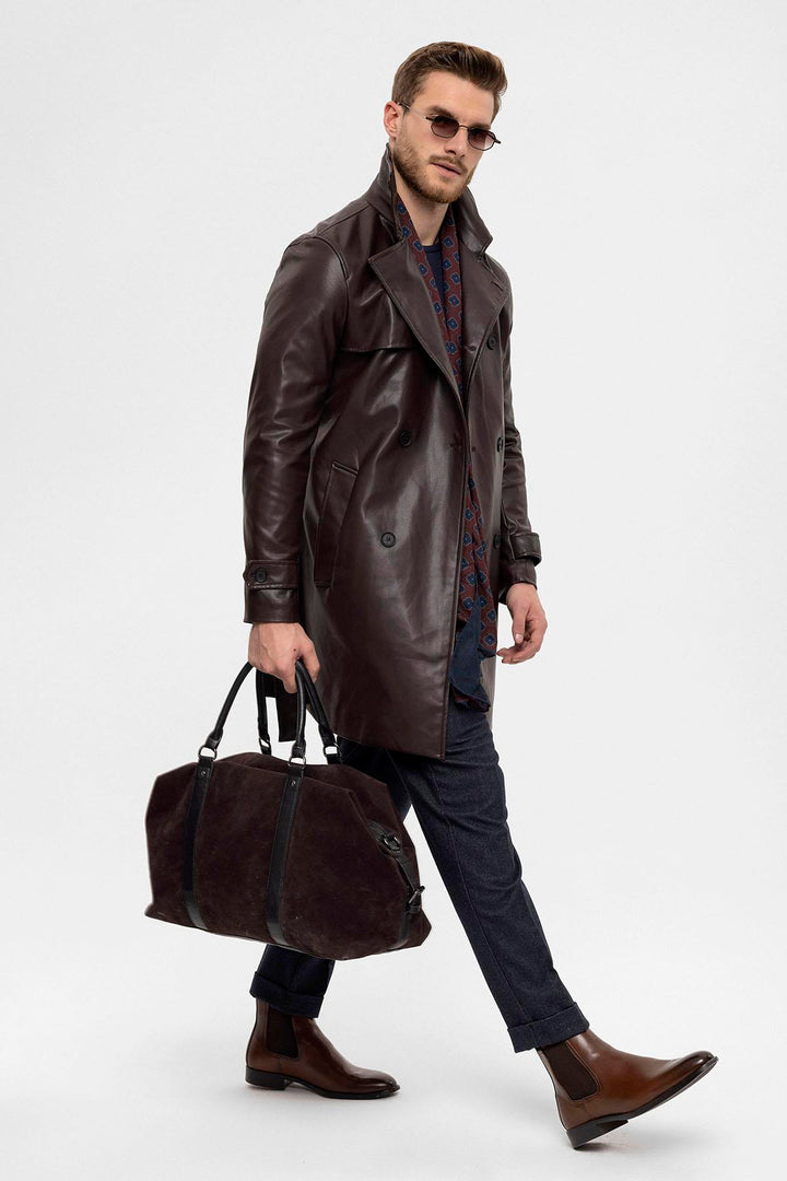 ANT Men's Belt Detailed Double Breasted Faux Leather Trench Coat - Viladecáns