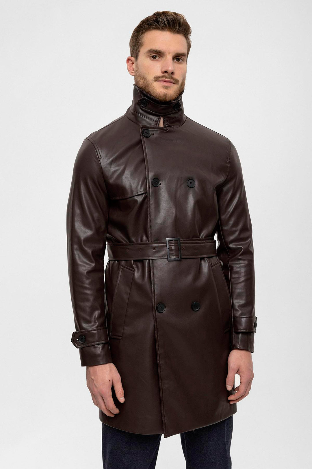 ANT Men's Belt Detailed Double Breasted Faux Leather Trench Coat - Viladecáns