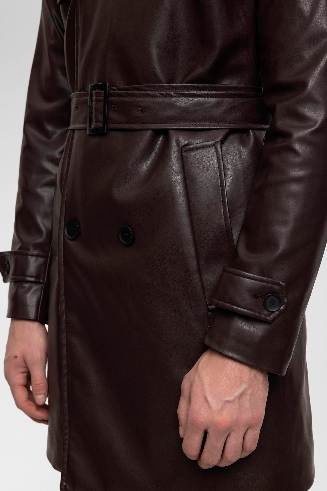 ANT Men's Belt Detailed Double Breasted Faux Leather Trench Coat - Viladecáns