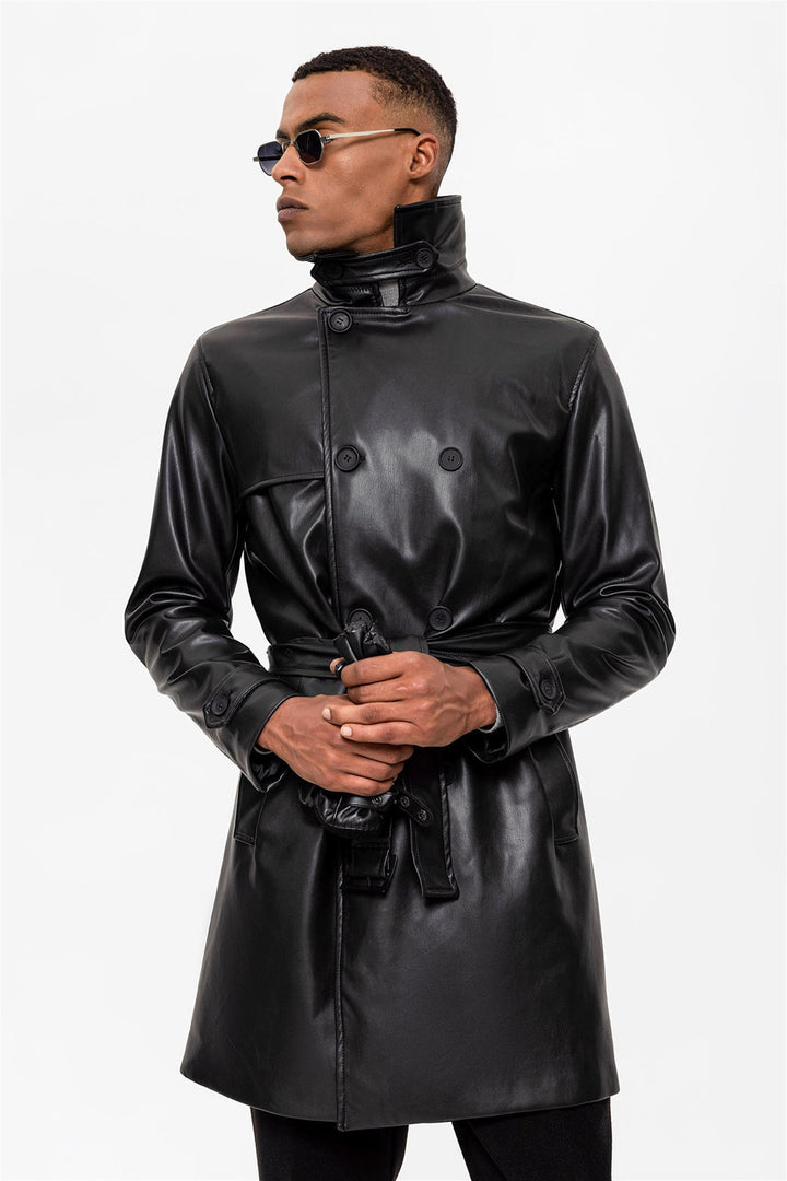 ANT Men's Belt Detailed Double Breasted Faux Leather Trench Coat - Brisbane