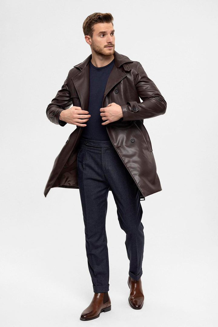 ANT Men's Belt Detailed Double Breasted Faux Leather Trench Coat - Viladecáns