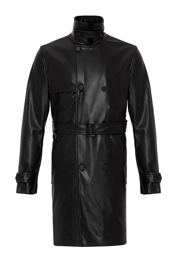 ANT Men's Belt Detailed Double Breasted Faux Leather Trench Coat - Brisbane