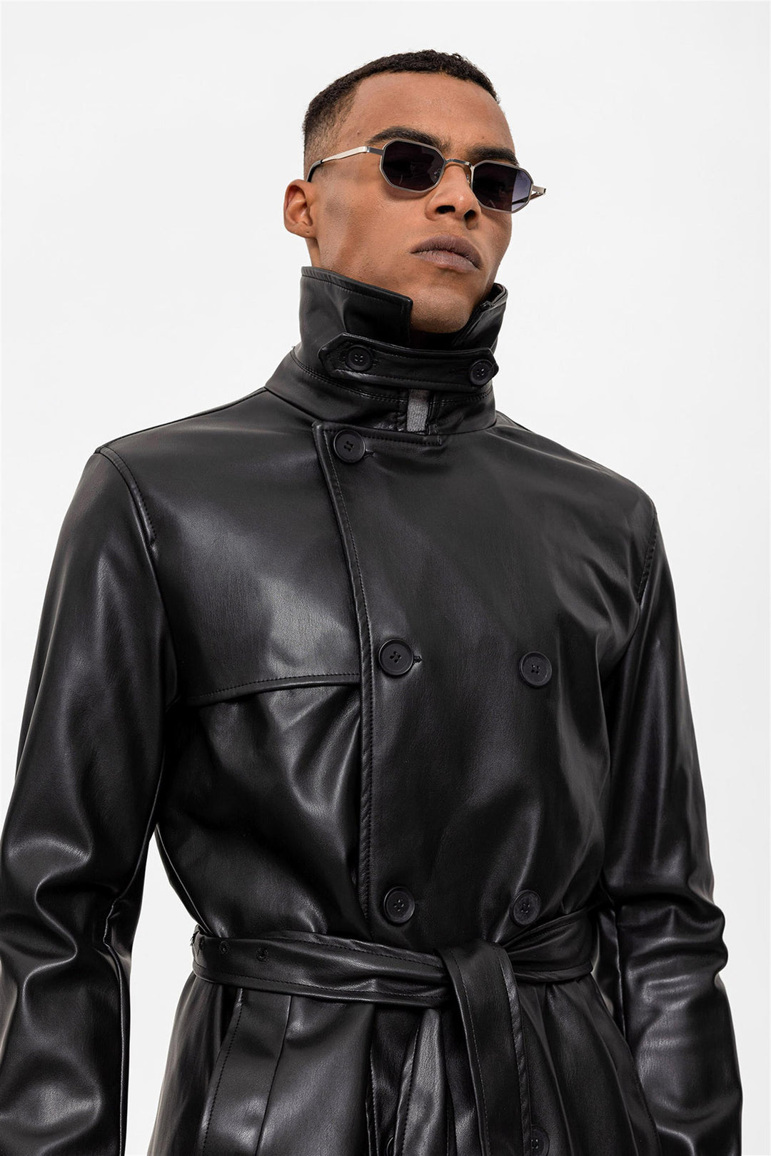 ANT Men's Belt Detailed Double Breasted Faux Leather Trench Coat - Brisbane
