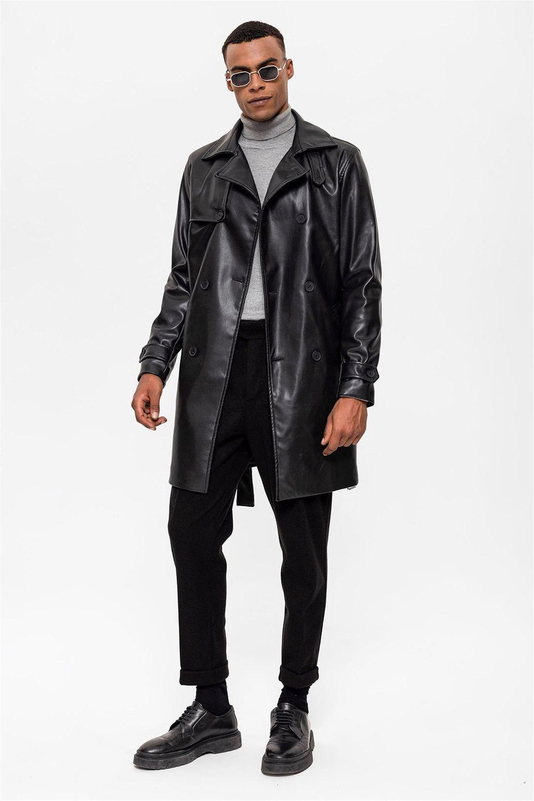 ANT Men's Belt Detailed Double Breasted Faux Leather Trench Coat - Brisbane