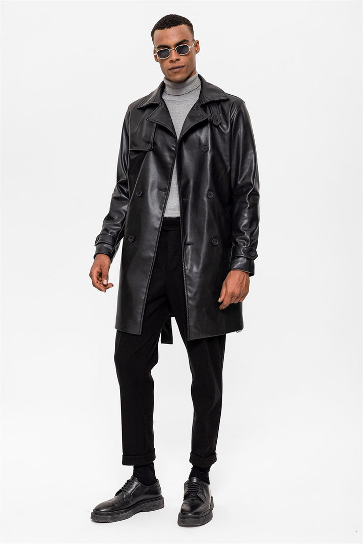 ANT Men's Belt Detailed Double Breasted Faux Leather Trench Coat - Brisbane