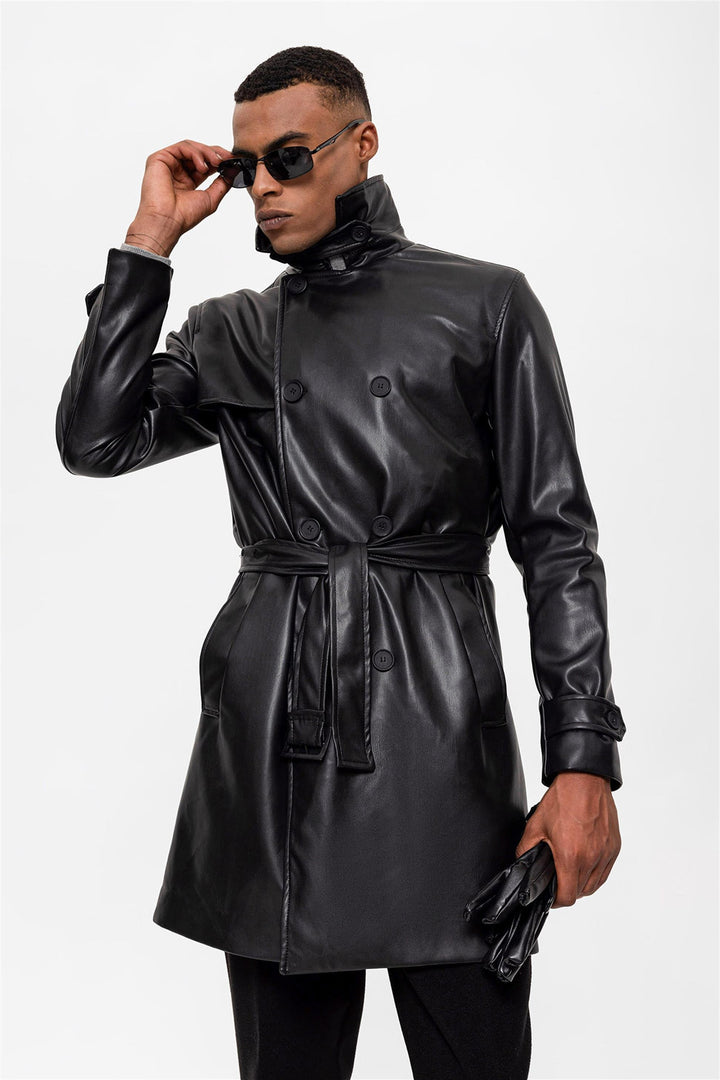 ANT Men's Belt Detailed Double Breasted Faux Leather Trench Coat - Brisbane