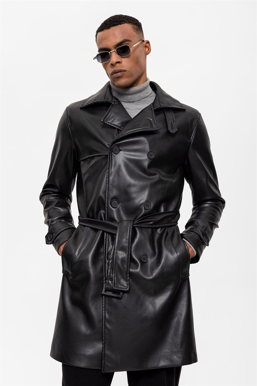 ANT Men's Belt Detailed Double Breasted Faux Leather Trench Coat - Brisbane