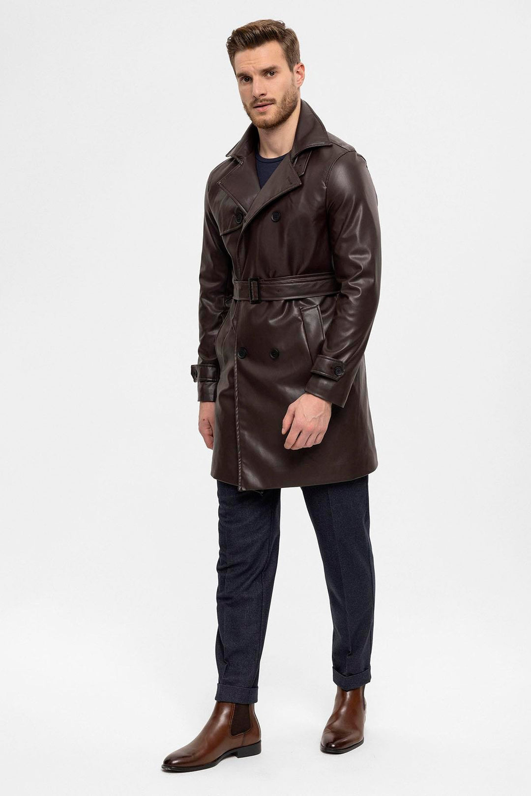 ANT Men's Belt Detailed Double Breasted Faux Leather Trench Coat - Viladecáns