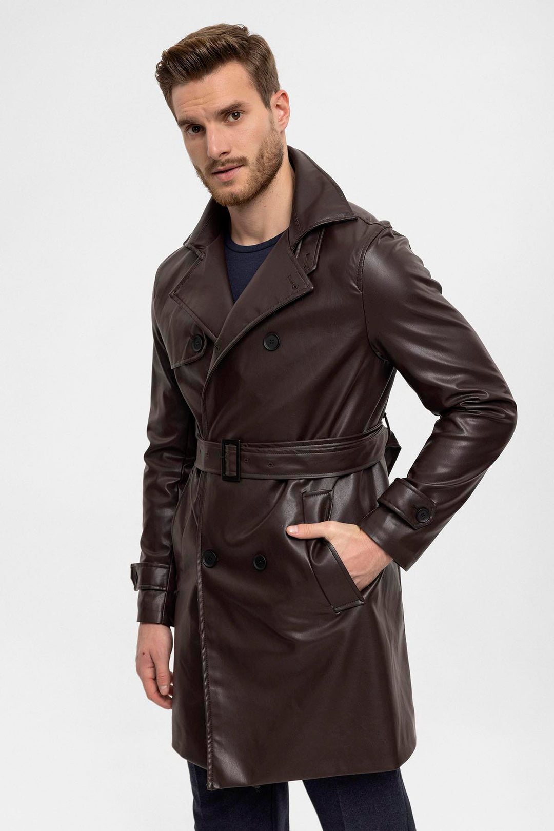 ANT Men's Belt Detailed Double Breasted Faux Leather Trench Coat - Viladecáns