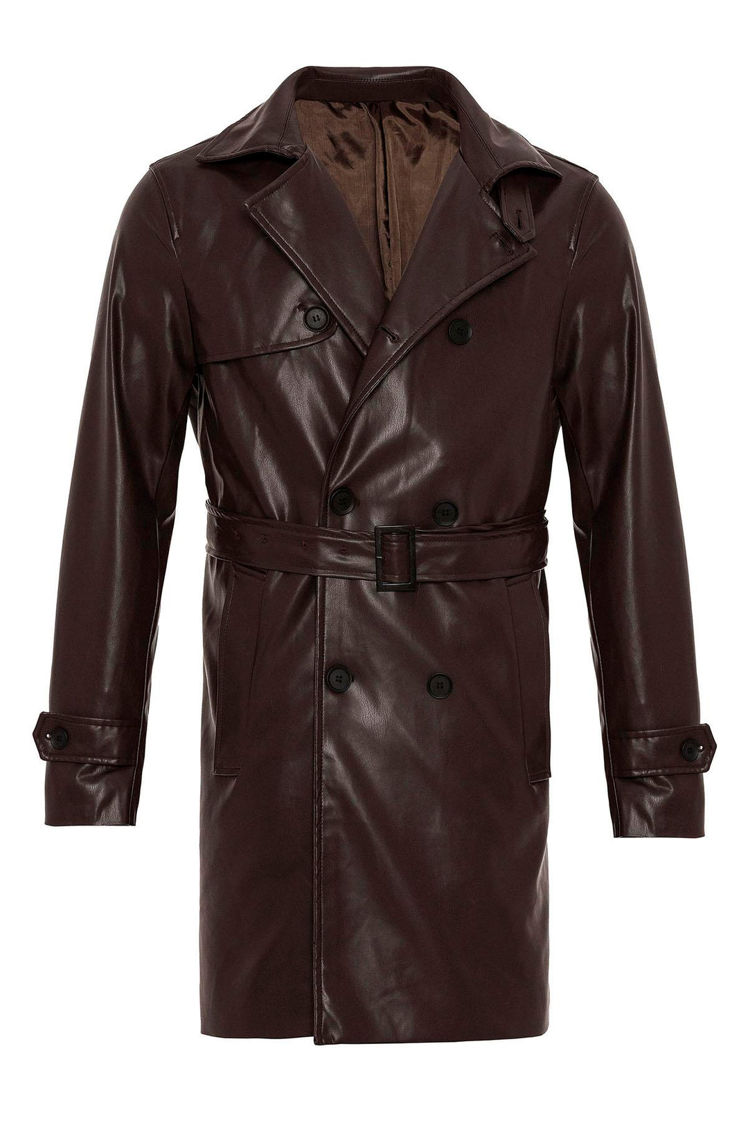 ANT Men's Belt Detailed Double Breasted Faux Leather Trench Coat - Viladecáns