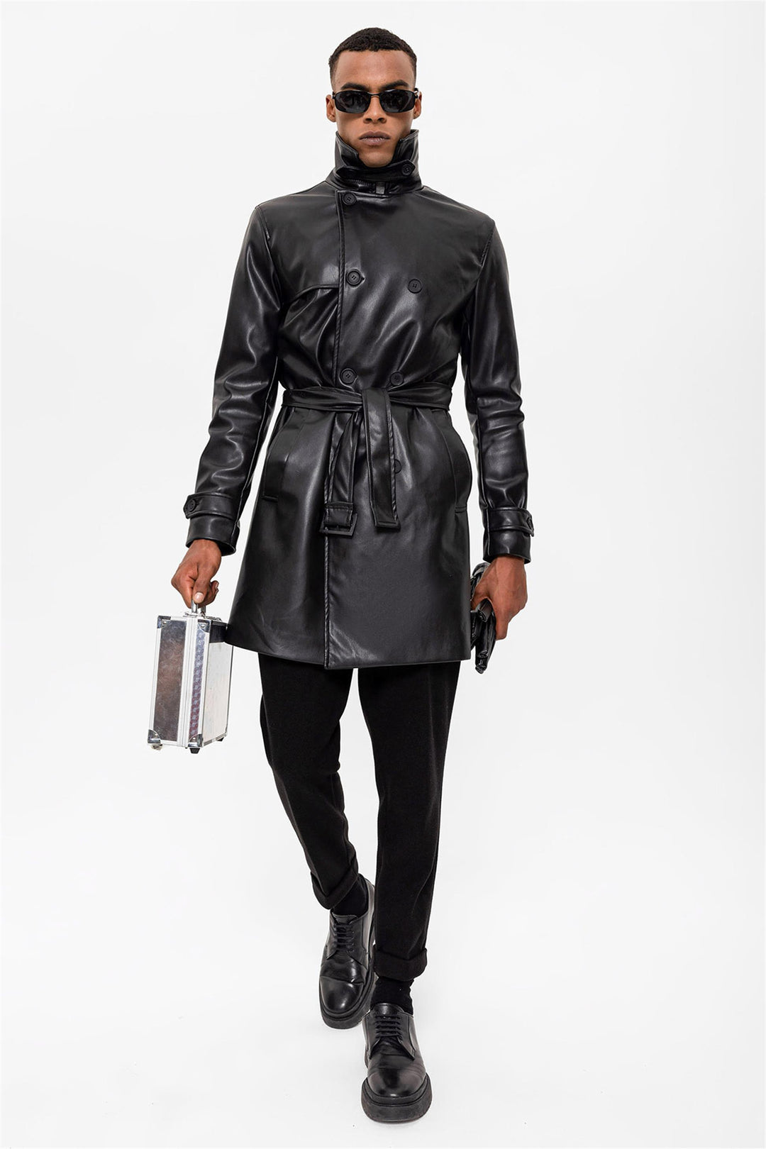 ANT Men's Belt Detailed Double Breasted Faux Leather Trench Coat - Brisbane