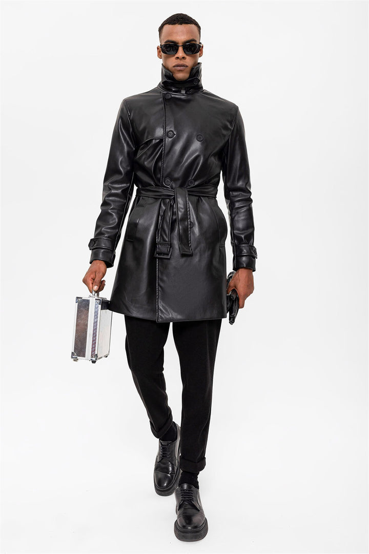 ANT Men's Belt Detailed Double Breasted Faux Leather Trench Coat - Brisbane