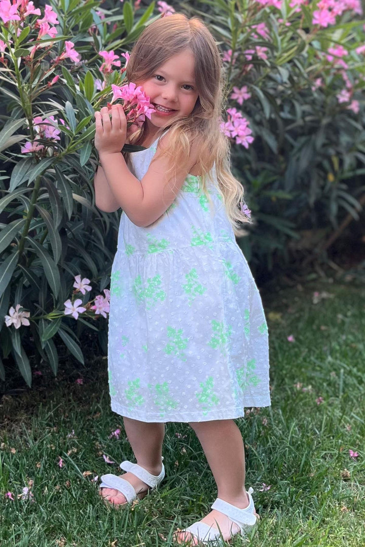 BRE Escabel Girl's Dress with Flower Pattern, 1.5-5 Years, White - Évora
