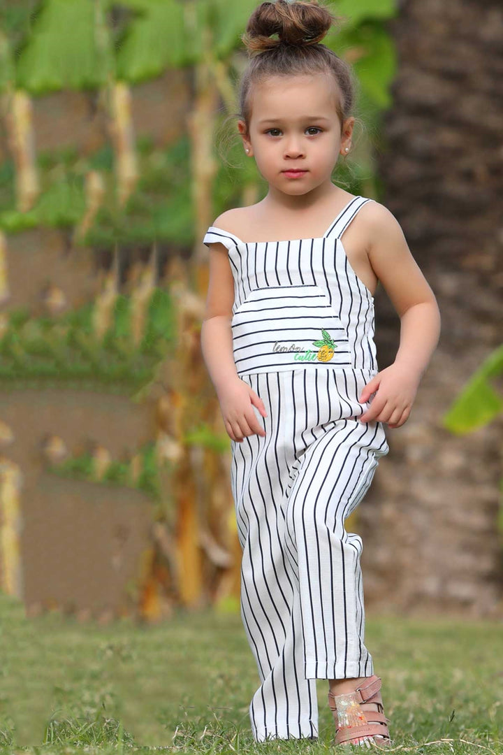 BRE Escabel Girl's Jumpsuit Lemon Embroidered Striped Pattern 1-4 Years, Ecru - Roseville